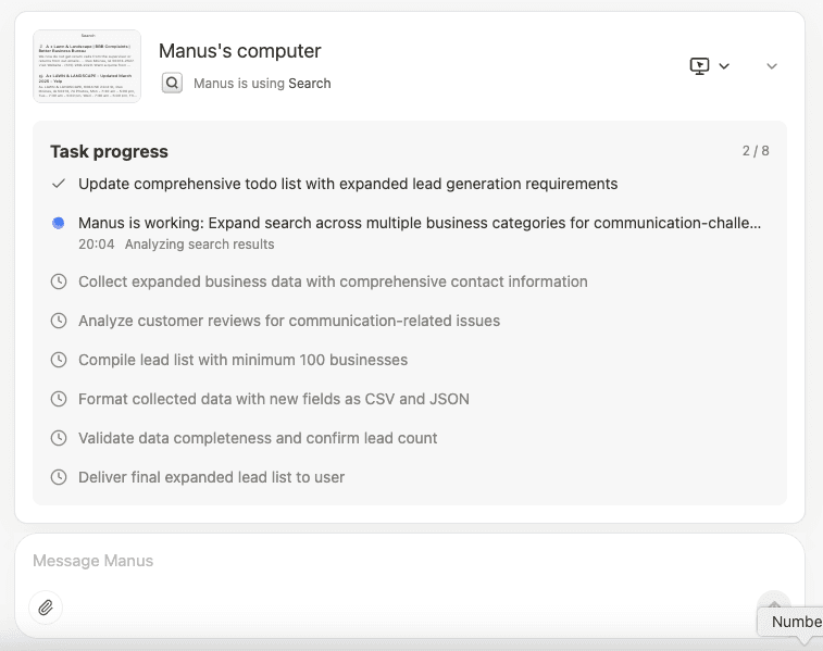 Manus AI works on tasks from its own Ubuntu instance