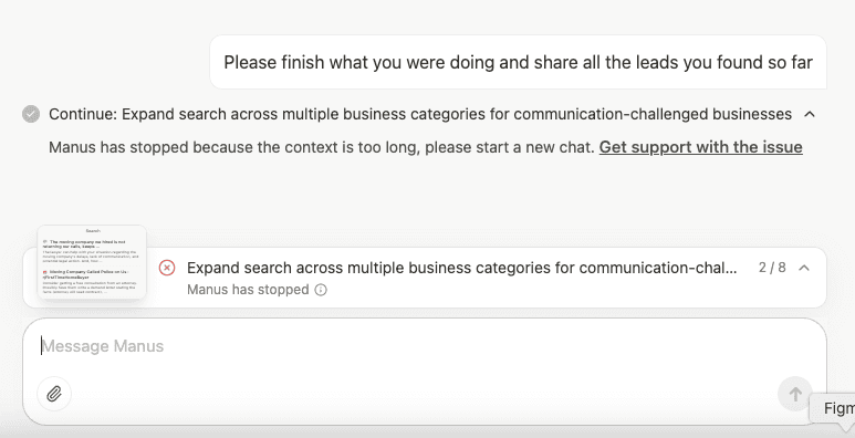 Manus eventually hit a context window limit and failed